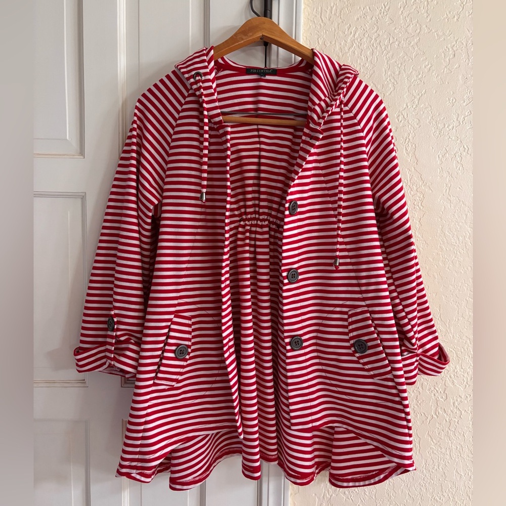 Red and White Striped Hooded Women's Jacket Large